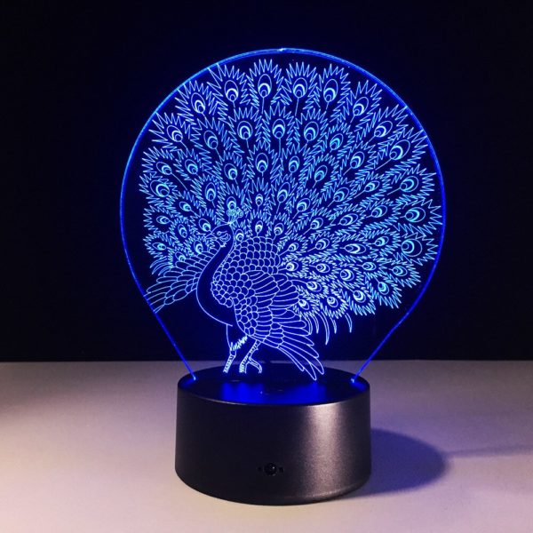 3D Peacock Lamp Home Decoration Atmosphere Lava Lamp 7 Color Changing LED Illusion Nightlight Peafowl Splendid Tail Kids Gift